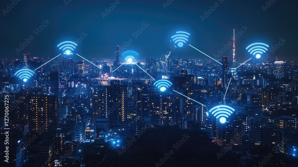 Poster a futuristic city skyline illuminated at night, with wifi signals represented by circles linking to 
