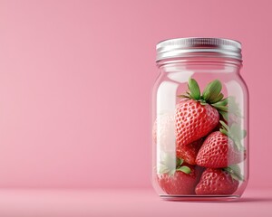 Indulge in a vibrant and refreshing strawberry smoothie served in a charming mason jar, set against a delightful pastel pink background This visually appealing image captures the essence of a healthy
