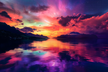 Fototapeta premium Colorful northern lights reflecting in the waters of a scenic lagoon