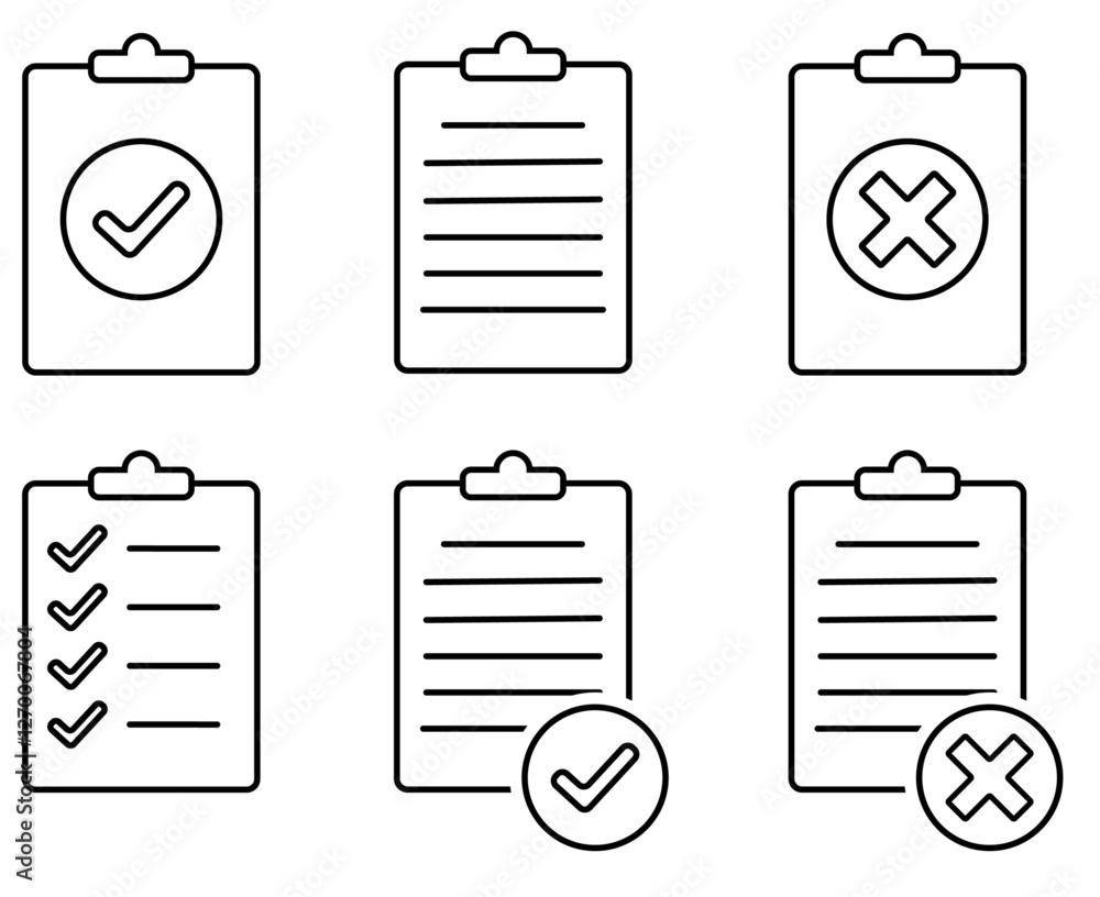 Poster set of clipboard checklist icons in outline style, contract icons set, vector illusration.
