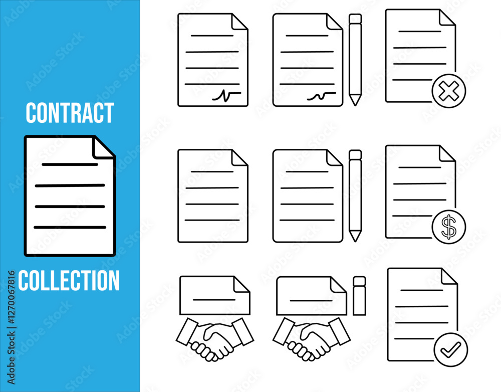 Poster document icons set, contract icons set, set of 9 ontract document icons with outline design, deal do