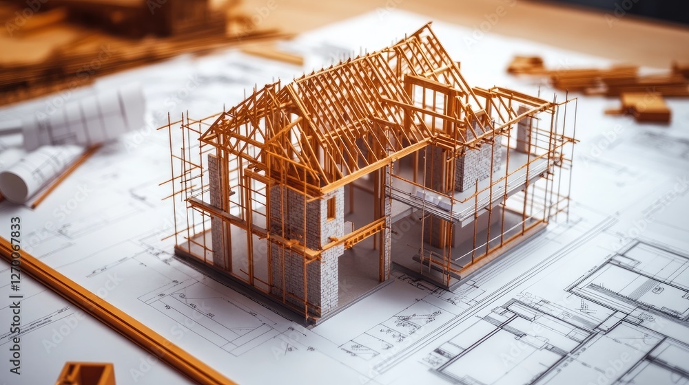 Poster a house construction scene showing scaffolding, bricks, and blueprints, highlighting the organized p