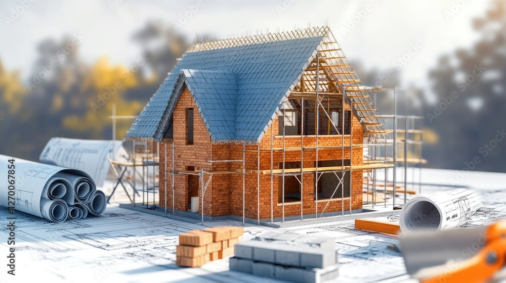 Poster a house construction scene showing scaffolding, bricks, and blueprints, highlighting the organized p
