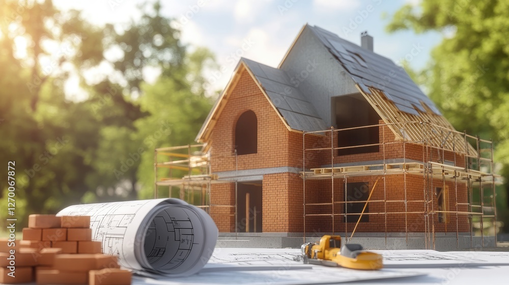 Poster a house construction scene showing scaffolding, bricks, and blueprints, highlighting the organized p