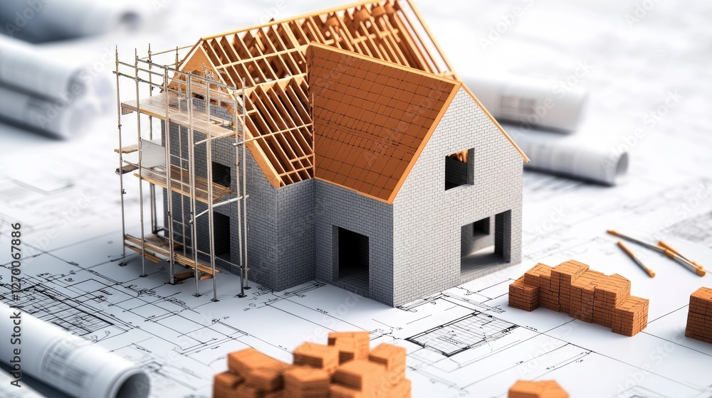 Aufkleber a house construction scene showing scaffolding, bricks, and blueprints, highlighting the organized p