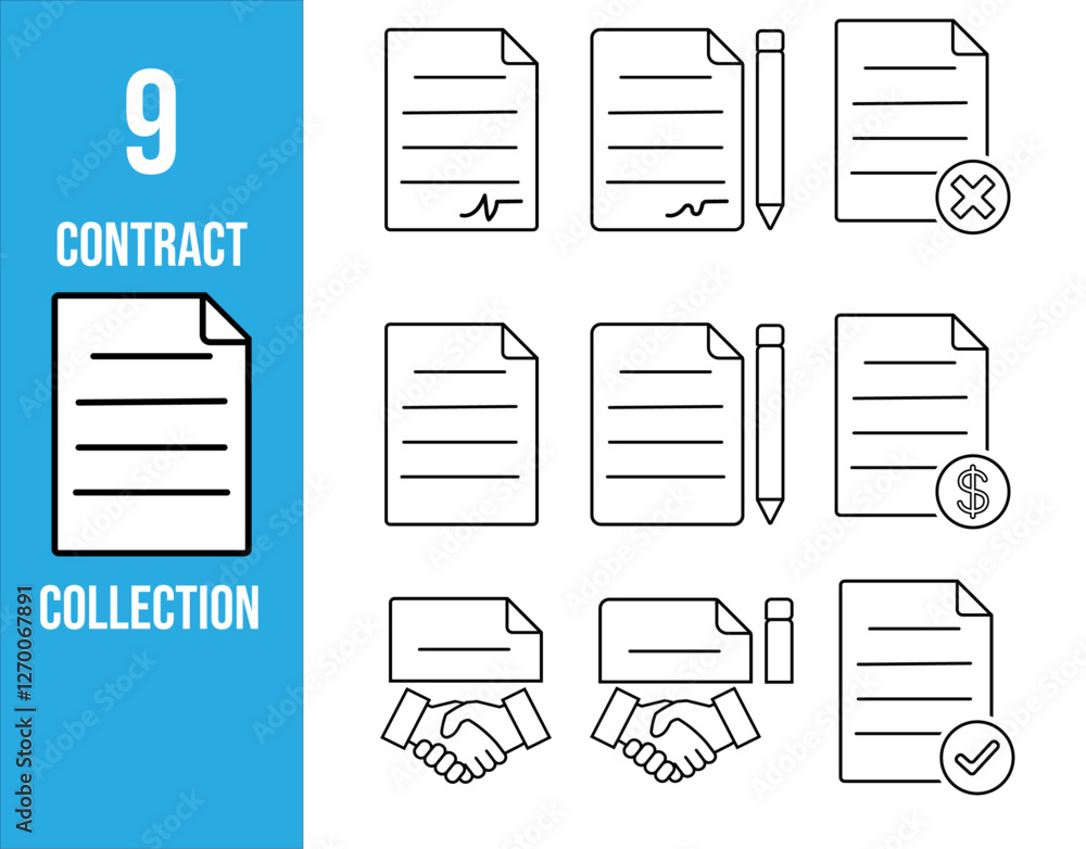 Poster document icons set, contract icons set, contract document icon set with outline design, deal done, v