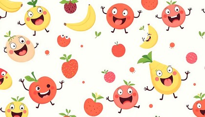 Whimsical animated fruit characters scattered on a white background