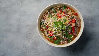 Vietnamese Pho Bo soup, bowl of fresh Asian soup with rice noodles, beef, herbs, soybean sprouts and chili on concrete background, top view, copy space. Delicious Asian food