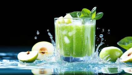 Indulge in the vibrant flavors of health with A glass of green smoothie made with kale, spinach, and apple, a fresh and detoxifying drink that rejuvenates your body and soul This healthy concoction