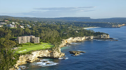Coastal Luxury Resort Aerial View Building, Golf Course, Ocean Cliffs, Tranquil Bay, Residential Area