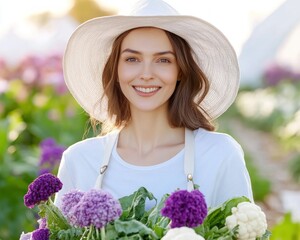 Smiling Female Chef Portrait Capturing the Essence of Farm-to-Table Freshness A radiant woman, a culinary expert, strides towards us at sunrise, amidst the sprawling fields She holds freshly picked