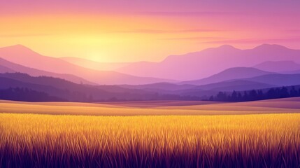 Obraz premium Serene Field Landscape with Mountain Views and a Colorful Sky