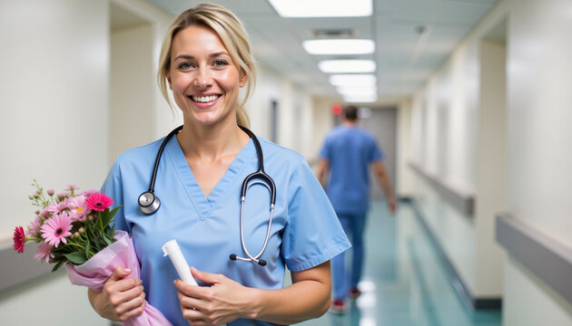 Smiling female nurse in scrubs holding bouquet of flowers in hospital corridor for appreciation and gratitude themes
