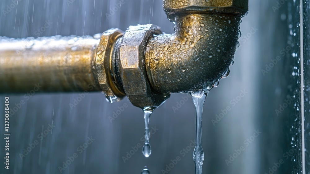 Poster a leaking pipe joint with water dripping in an apartment bathroom, emphasizing the importance of tim