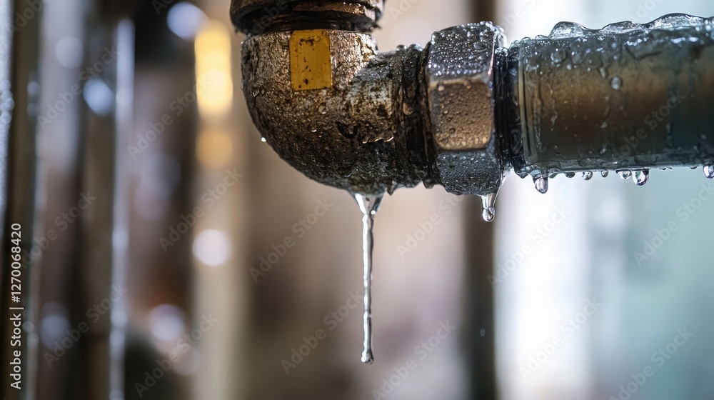 Poster a leaking pipe joint with water dripping in an apartment bathroom, emphasizing the importance of tim