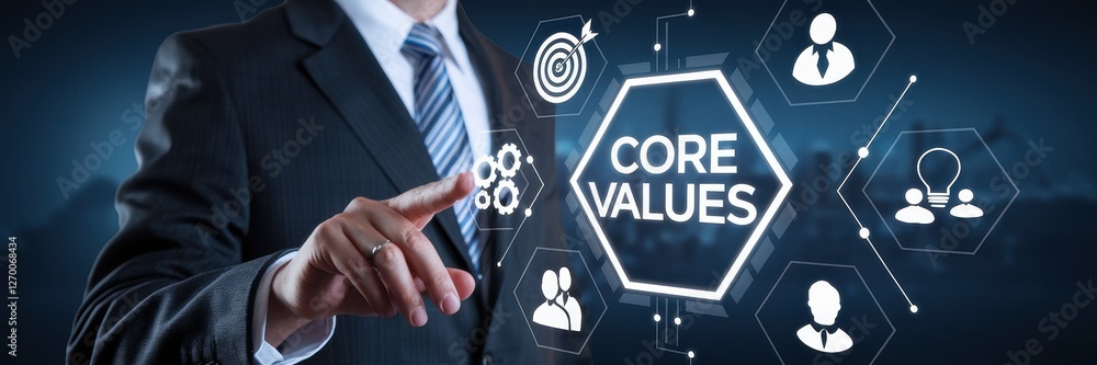 Poster businessman pointing to core values surrounded by icon hexagons