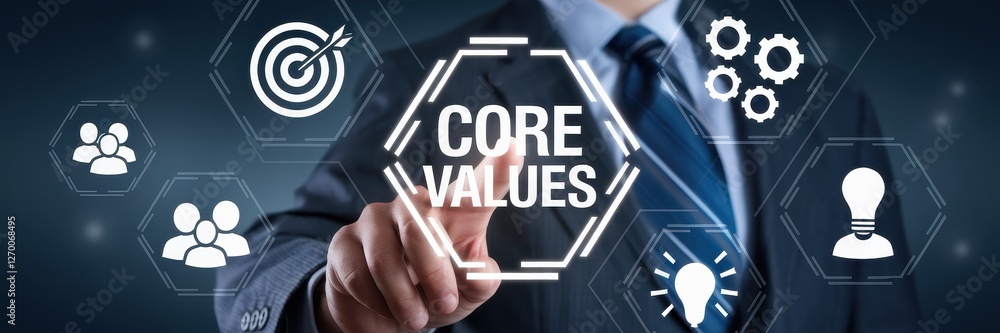 Aufkleber businessman emphasizes core values displayed through digital interface icons