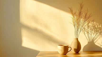 Sunlight illuminates beige mug and vase with dried flowers on wooden table.