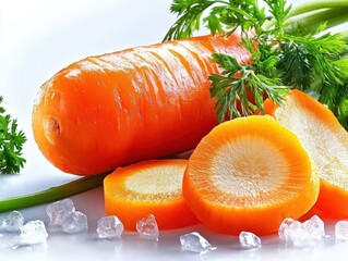 Vibrant Fresh Carrot and slices isolated High-quality stock photo featuring A whole vibrant orange carrot with neatly cut slices, isolated on a white background, package design element Ideal for