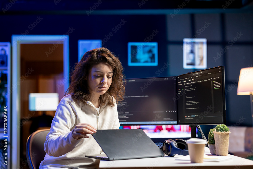 Poster cybersecurity specialist using laptop to look for company security vulnerabilities, comparing with c