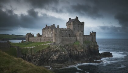 Fototapeta premium Ancient Irish castle on a cliffside with multiple towers overlooking crashing waves under a dark sky