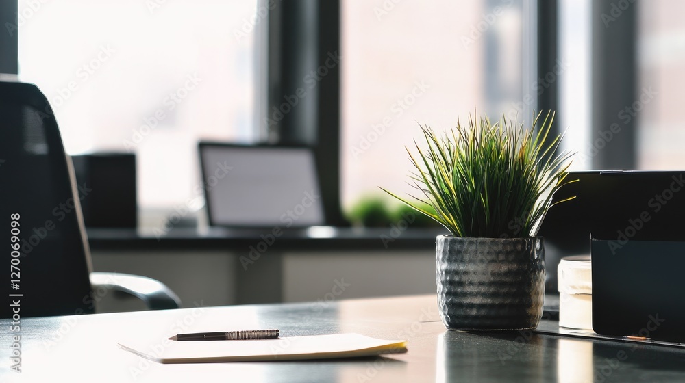 Poster a neat, contemporary office desk with a potted plant and a notebook, creating a simple yet sophistic