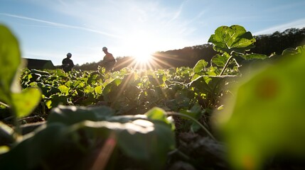 Farmers inspecting crops at sunset, rural field, agricultural research