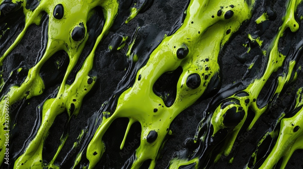 Poster a neon green and black goo texture with dripping forms, creating an eerie and toxic appearance, evok