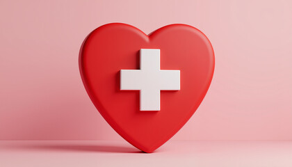 Obraz premium 3D red heart shape with white cross symbol on pastel pink background for healthcare and wellness concepts 
