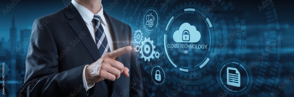 Poster businessman interacts with secure cloud technology interface and digital data