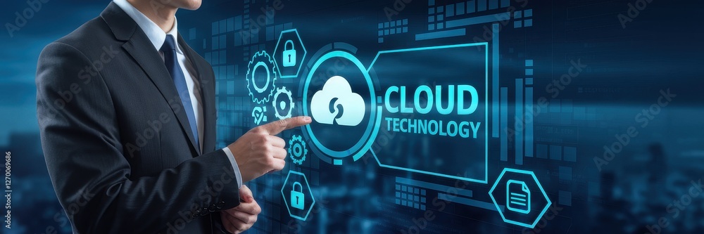 Aufkleber man interacting with a digital cloud technology interface hologram