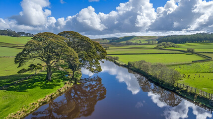 Obraz premium Aerial view of tranquil river reflecting trees and farmland under a sunny sky