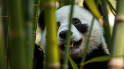 Obraz premium Panda bear amidst green bamboo stalks, its iconic black and white fur visible, looking directly at camera.