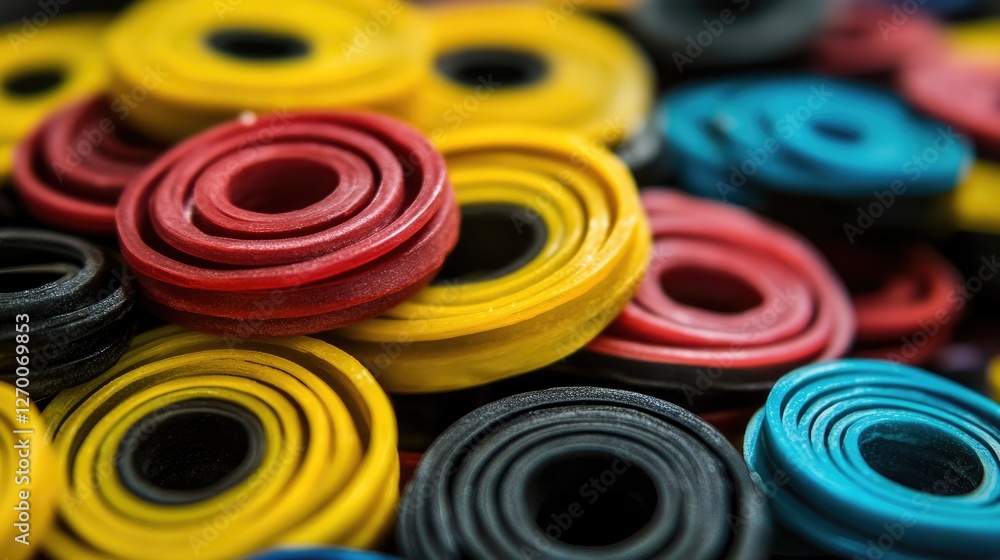 Poster a pile of colorful licorice wheels in different hues, ready to be enjoyed, offering a playful and sw