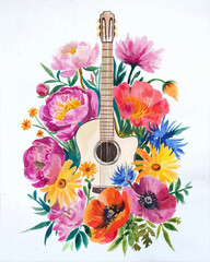 Watercolor painting, guitar surrounded by brightly colored vibrant flowers including peony, daisy, poppy, white background, minimalist