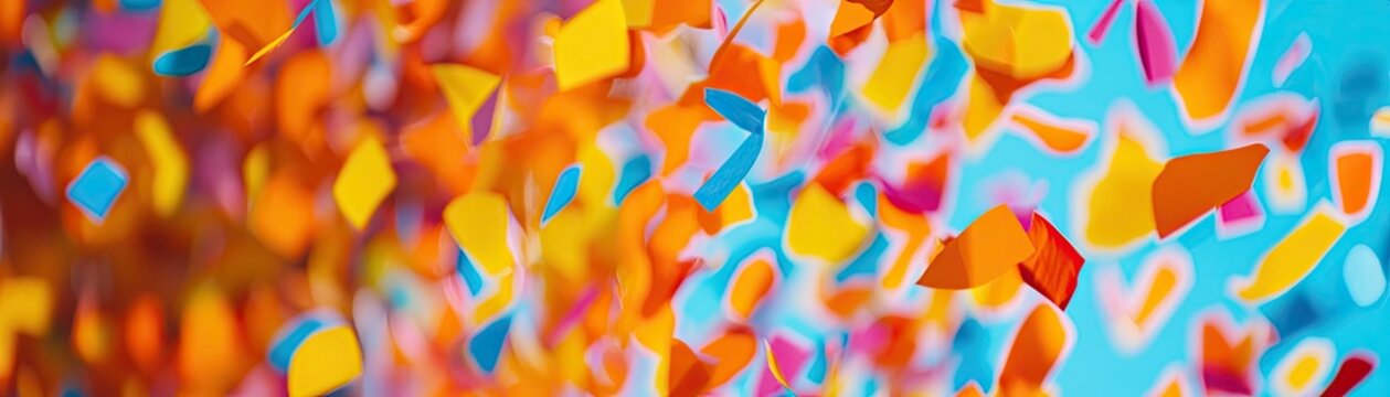 Colorful confetti falls, blue background, celebration, festive