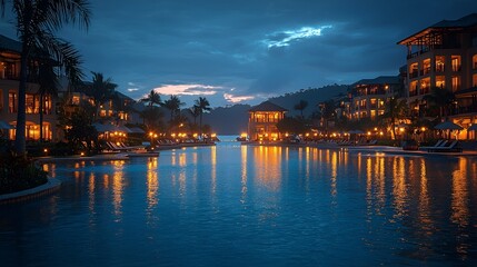 Naklejka premium Tropical resort pool at dusk, calm water reflecting lights, palm trees, hills