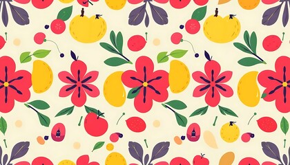 Repeating pattern showcases stylized flowers and various fruits scattered randomly