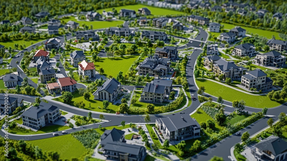Poster a realistic maquette of a residential complex with multiple buildings, roads, and green spaces, disp