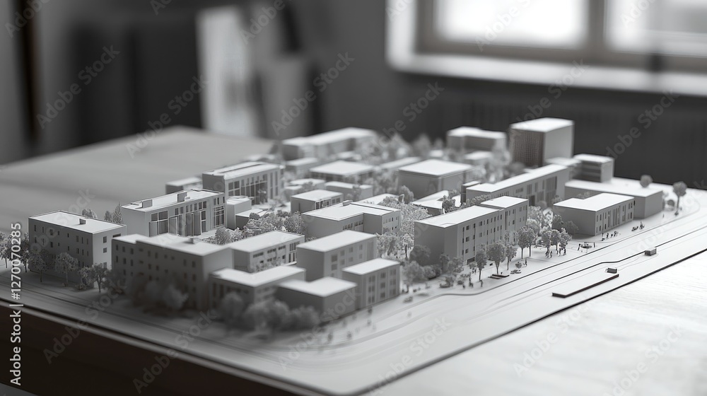Poster a realistic maquette of a residential complex with multiple buildings, roads, and green spaces, disp