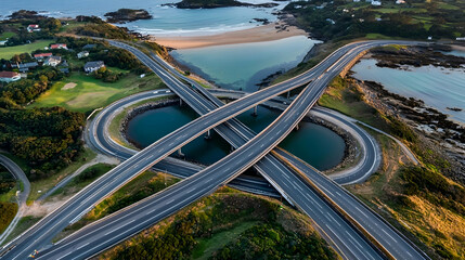 Coastal Highway Interchange Aerial View Sunrise over ocean, roads intersect, coastal landscape, travel and transport infrastructure