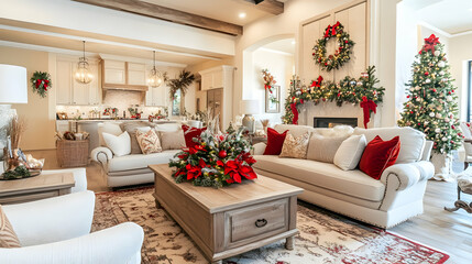 Cozy holiday-themed living room with seasonal decorations, inviting lighting, and a festive yet elegant design