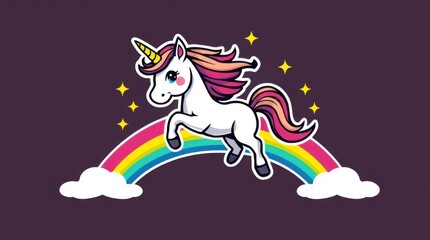 Whimsical unicorn leaping over a colorful rainbow under the shining stars on a dark purple background.