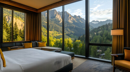 Cozy hotel room featuring large windows with a majestic mountain view for a peaceful retreat
