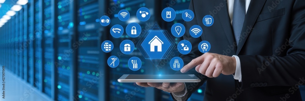 Poster businessman using a tablet displaying smart home automation icons