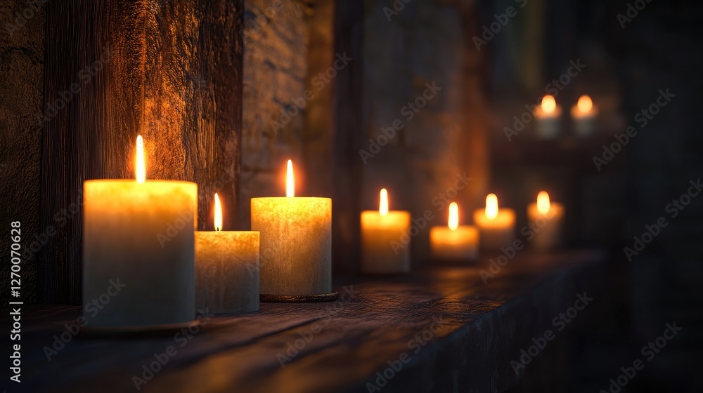 Aufkleber a row of glowing candles arranged in a line, casting a soft, warm light in a dimly lit space, creati