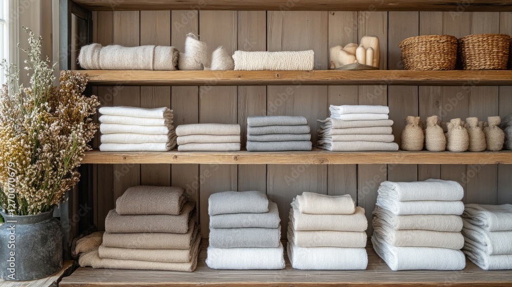Poster shelves filled with neatly arranged, soft textiles in neutral tones create a calming atmosphere. nat
