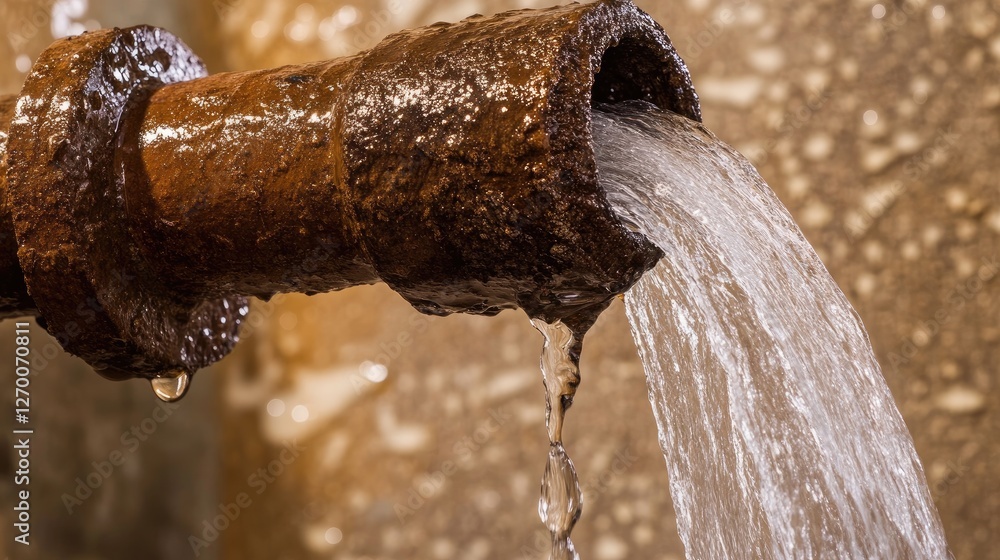 Poster a rusty water pipe leaking water, creating a burst effect, symbolizing the necessity of professional