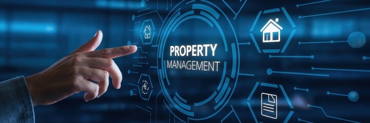 Hand interacts with a digital property management interface display