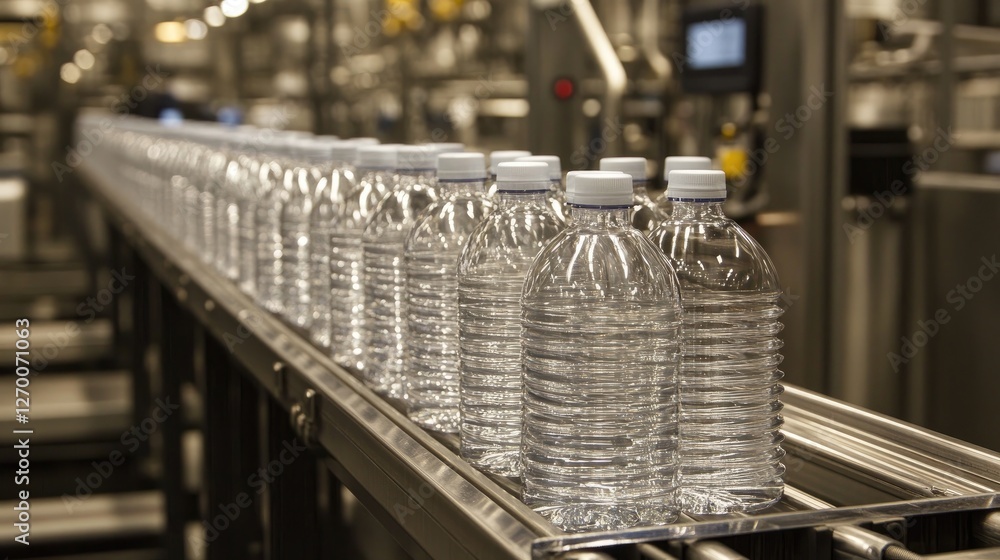Poster a series of clear bottles on a factory production line, each perfectly aligned, showcasing precision